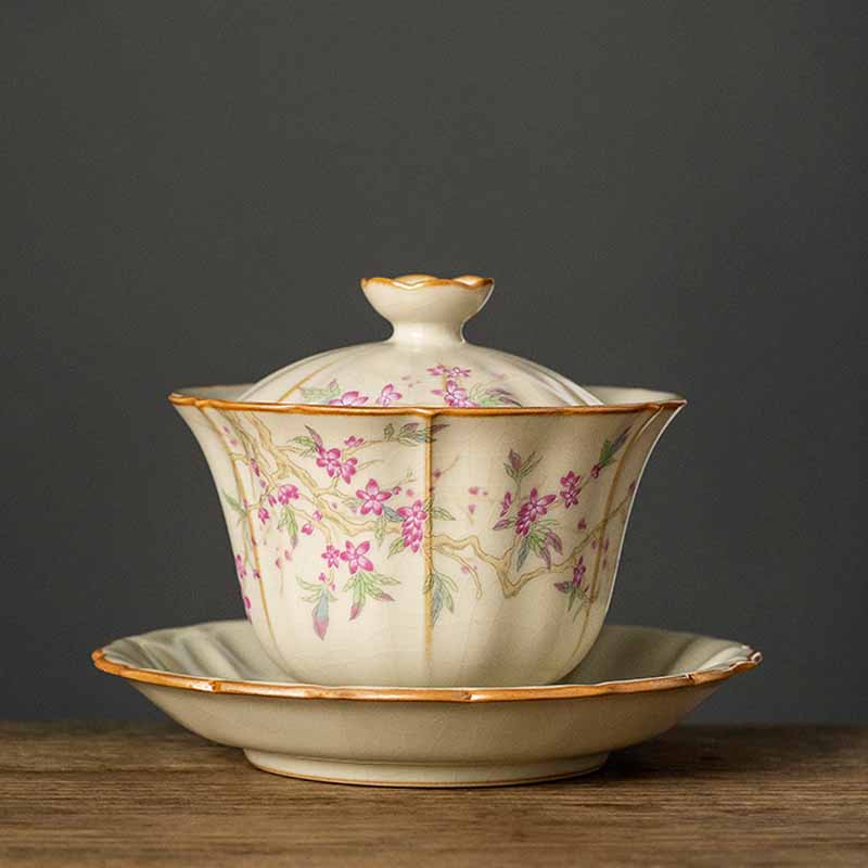 Beige Ceramic Gaiwan with Plum Blossom Design 120ml Tea Set