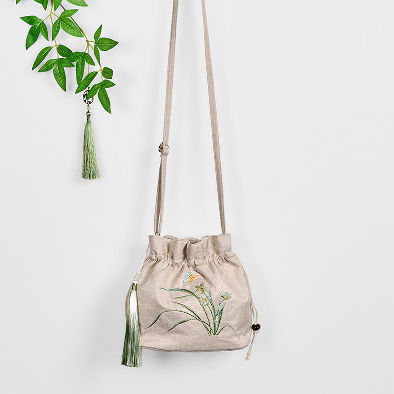 Beige Orchid Grass Cotton Linen Yoga Bag 19x20x10 cm