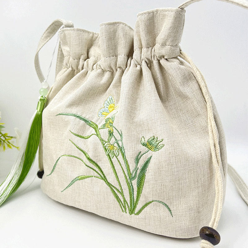 Beige Orchid Grass Cotton Linen Yoga Bag 19x20x10 cm