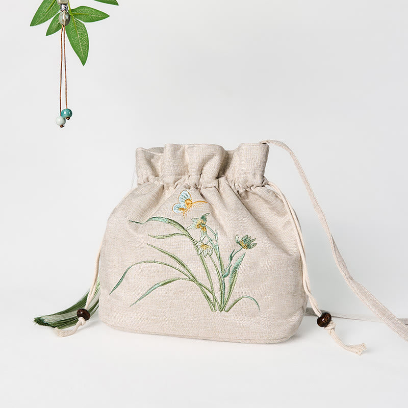 Beige Orchid Grass Cotton Linen Yoga Bag 19x20x10 cm