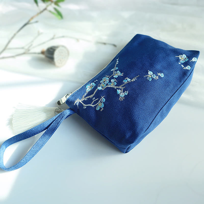 Canvas Wallet with Plum Cherry Crane Embroidery | Compact 21x13cm