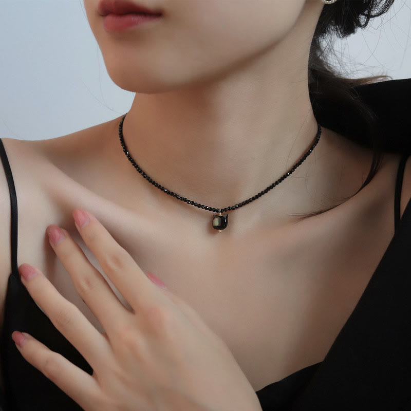 Black Spinel Cat Motivate Choker Necklace 38cm
