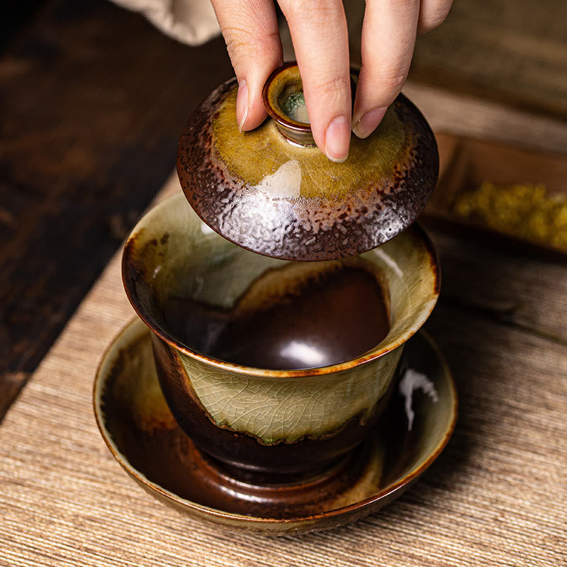 Vintage Brown Kiln Ceramic Gaiwan Sancai Tea Cup with Lid