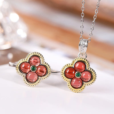925 Sterling Silver Garnet Four-Leaf Clover Protection Necklace & Ring Set