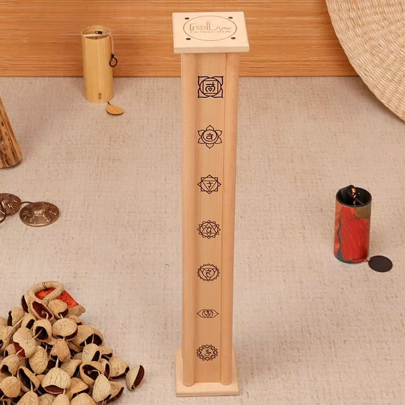 Wooden incense tower with chakra symbols for Birch Wood Rain Stick Instrument