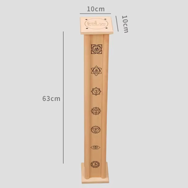 Wooden incense tower with chakra symbols for Birch Wood Rain Stick healing instrument