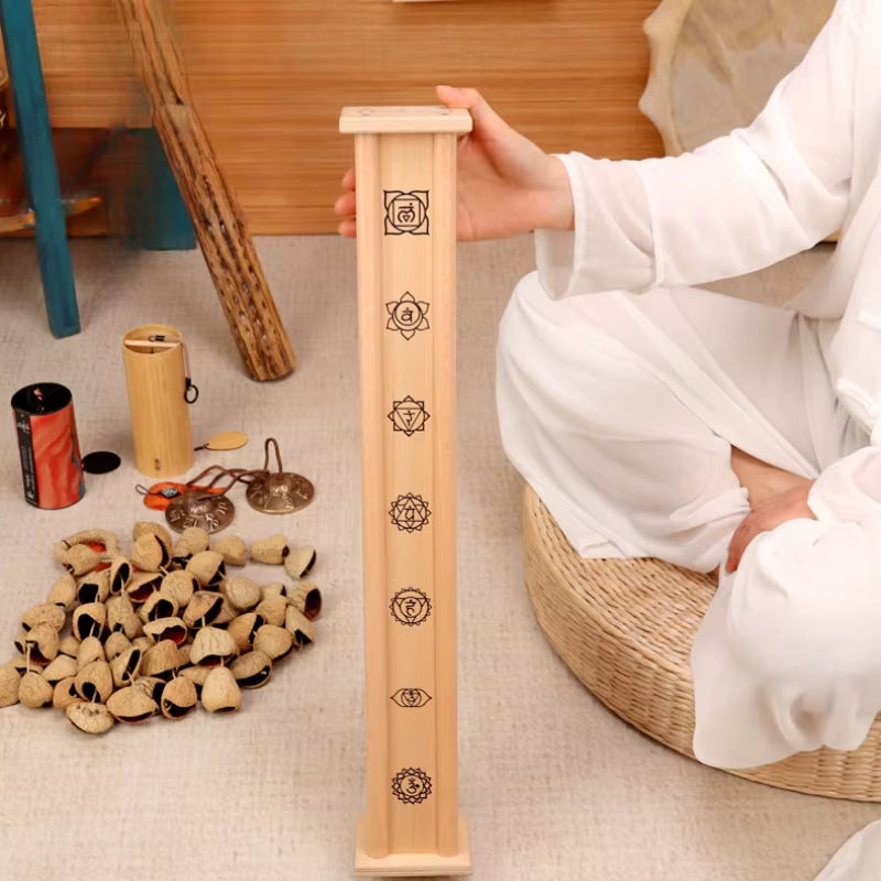 Wooden tower incense burner with chakra symbols for healing and meditation