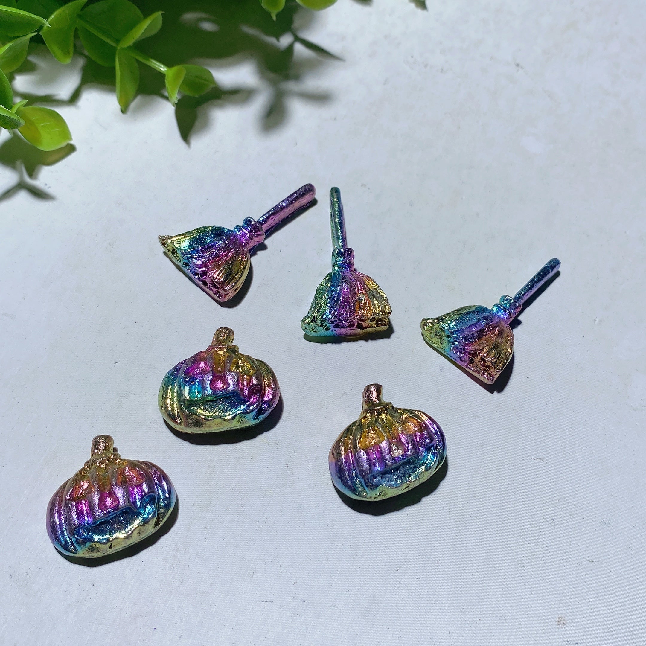 Bismuth 0.9-1.3in Rainbow Pumpkin & Broom Figurines