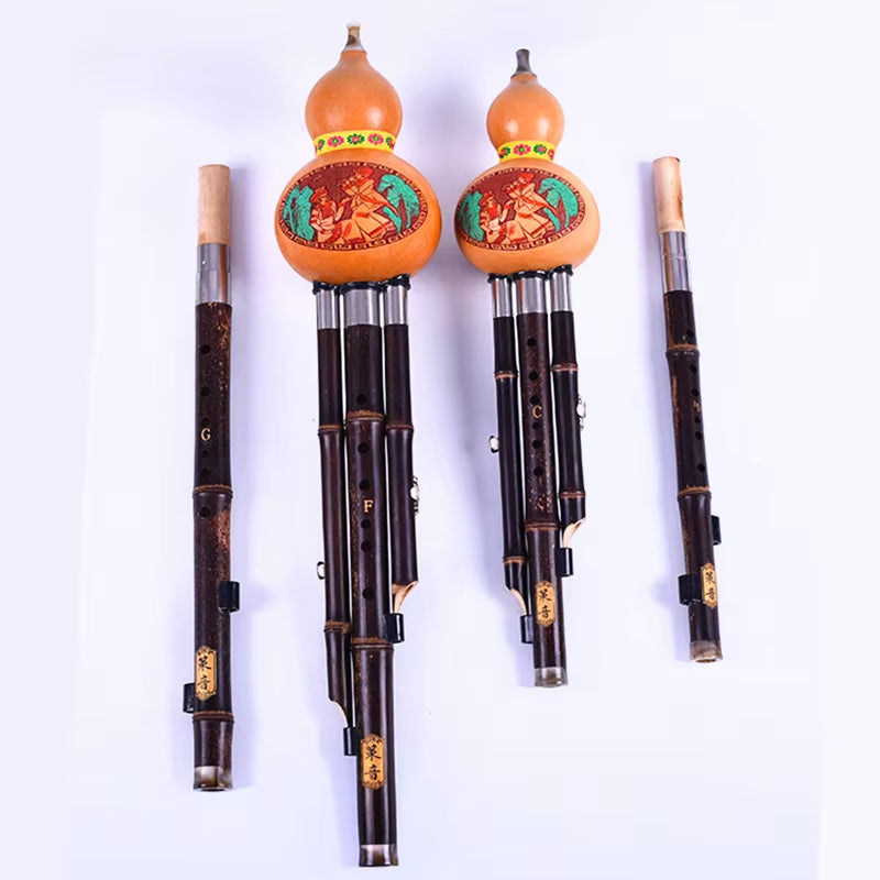 Two Tone Hulusi Flute, Purple Bamboo Double Pipe C & B Key Gourd Flauta Folk Instrument, Professional Calabash F & G Key