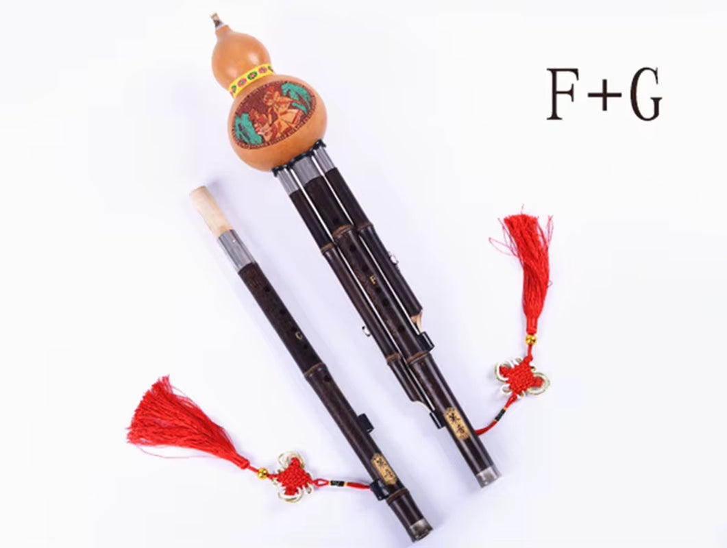 Two Tone Hulusi Flute, Purple Bamboo Double Pipe C & B Key Gourd Flauta Folk Instrument, Professional Calabash F & G Key