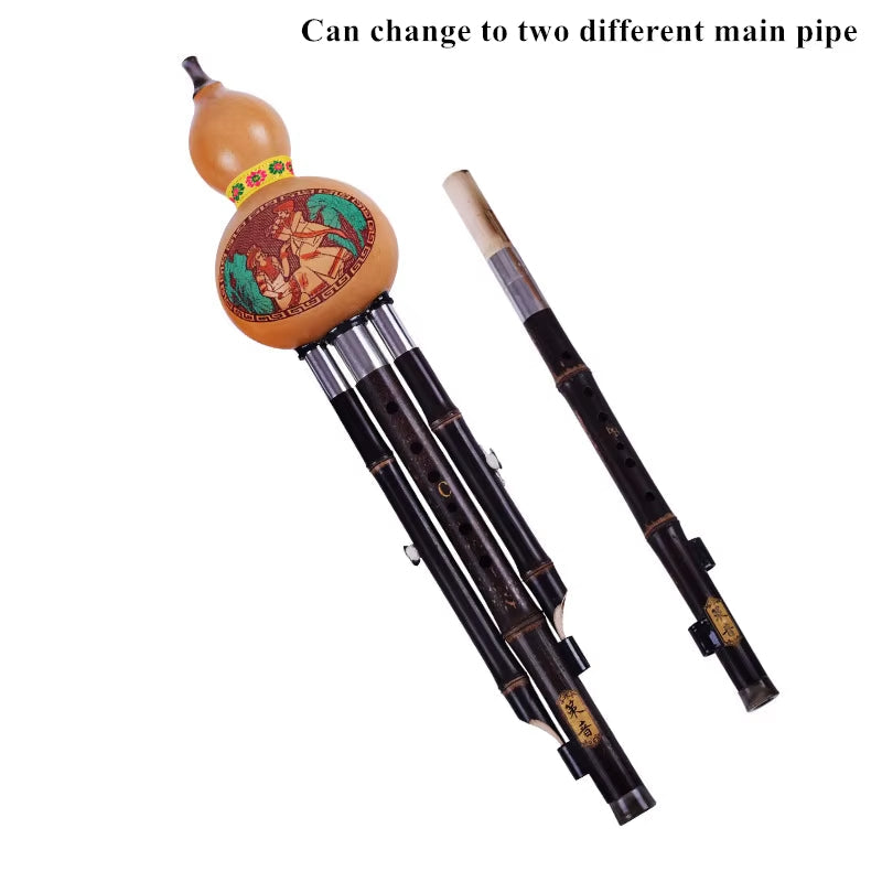 Two Tone Hulusi Flute, Purple Bamboo Double Pipe C & B Key Gourd Flauta Folk Instrument, Professional Calabash F & G Key