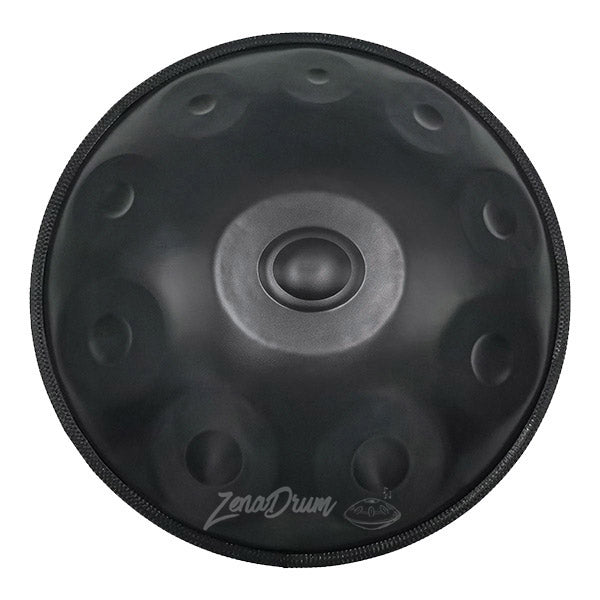 Black Handpan Drum in D Minor with Multiple Tone Fields and Central Dome