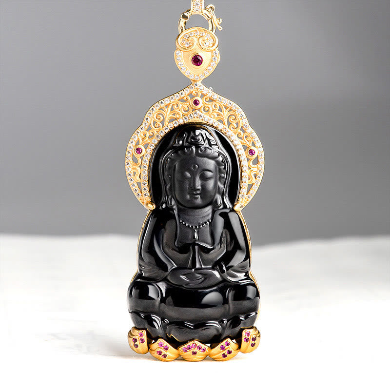 Black Jade Kwan Yin Avalokitesvara Necklace for Protection