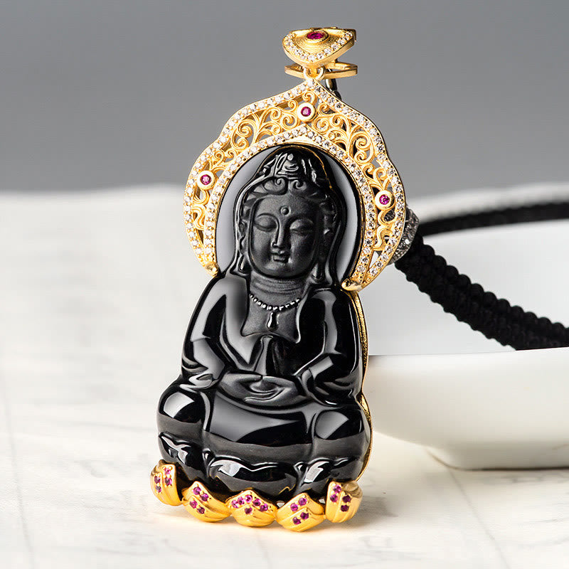 Black Jade Kwan Yin Avalokitesvara Necklace for Protection