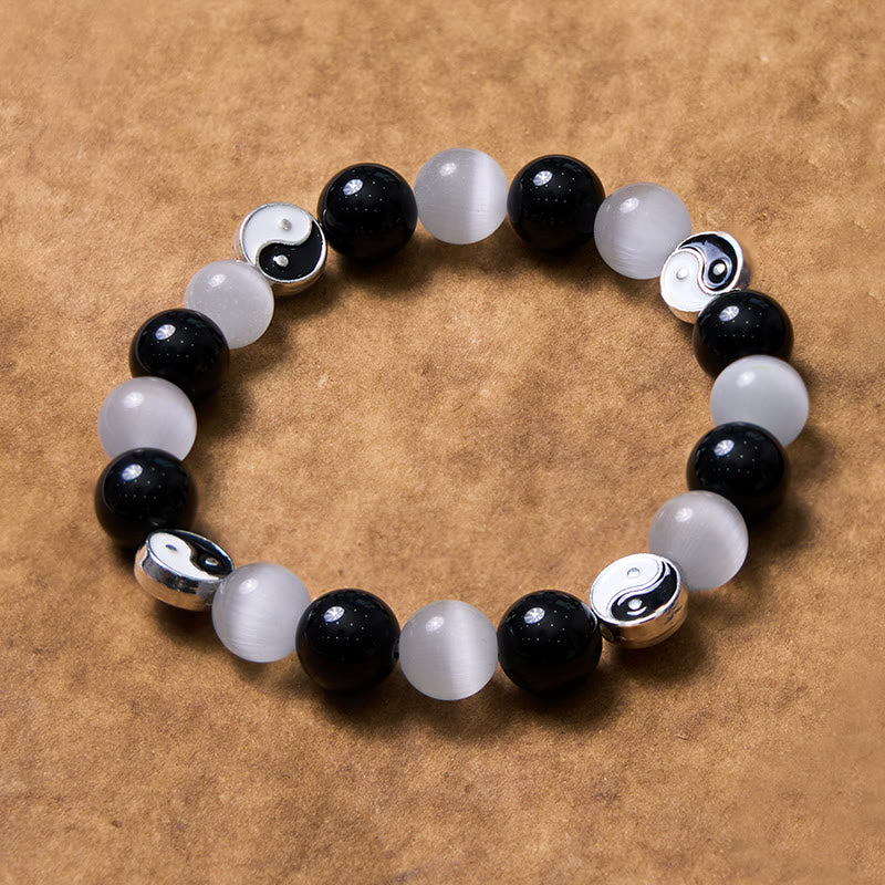Black Obsidian Cat's Eye Yin Yang Bracelet for Purification & Strength