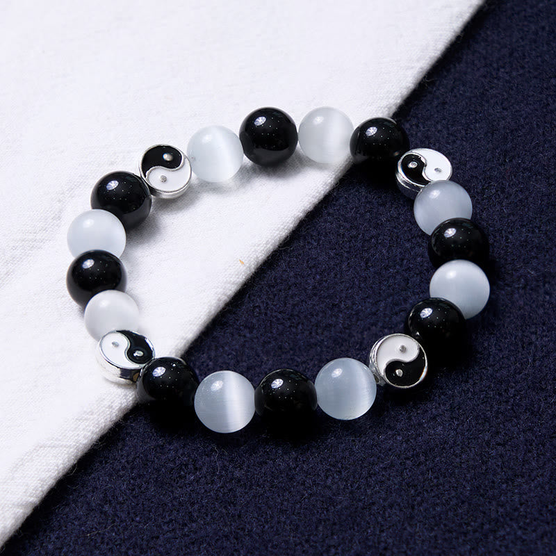 Black Obsidian Cat's Eye Yin Yang Bracelet for Purification & Strength
