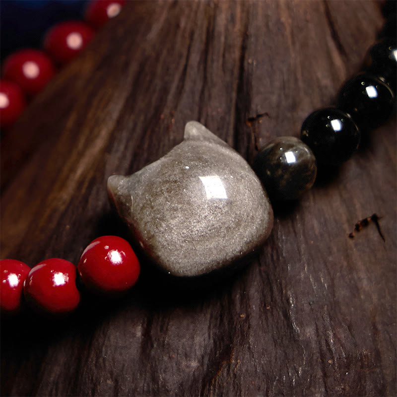 Black Obsidian Cinnabar Cat Fulfilment Bracelet - 14-16cm