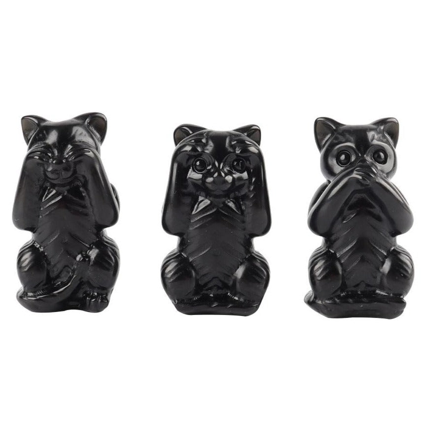 Black Obsidian Crystal Cats Carvings Set - See No Evil Trio
