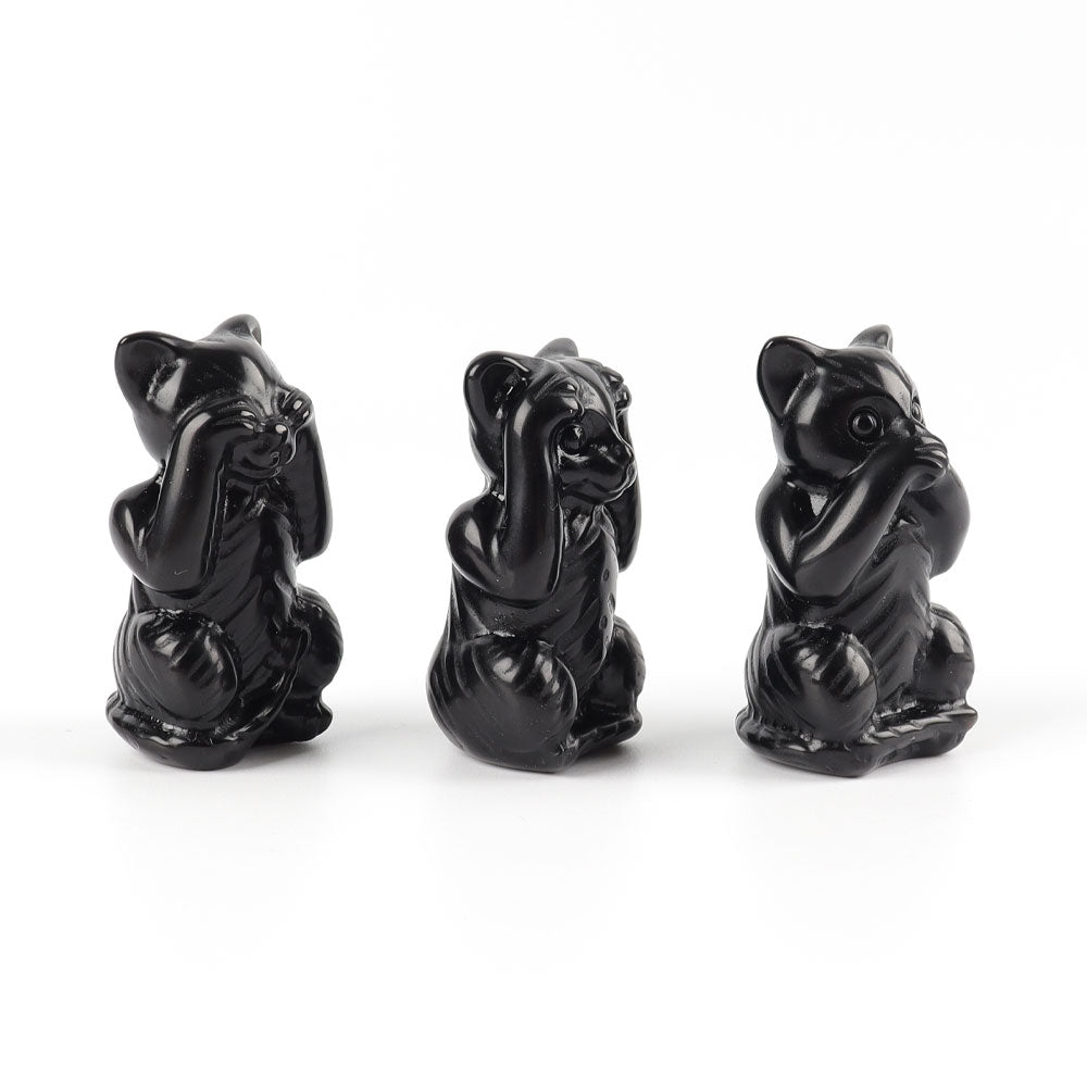 Black Obsidian Crystal Cats Carvings Set - See No Evil Trio