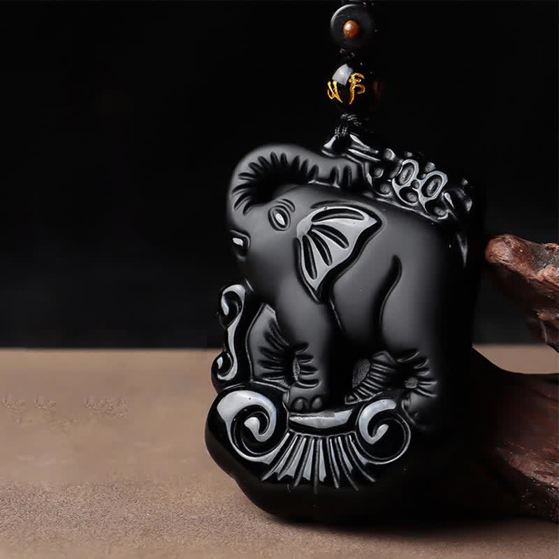 Black Obsidian Elephant Necklace for Protection & Strength