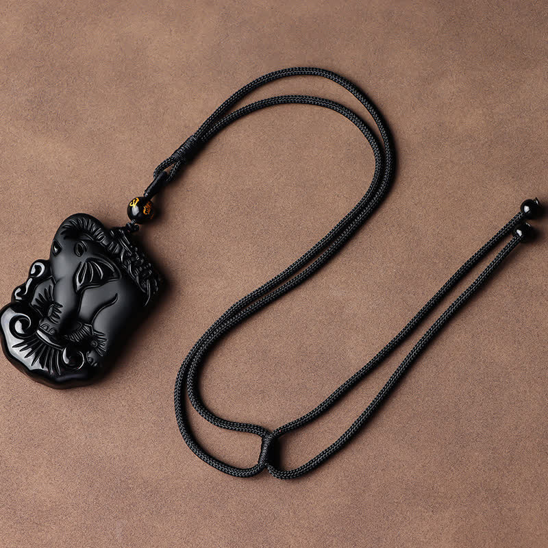 Black Obsidian Elephant Necklace for Protection & Strength