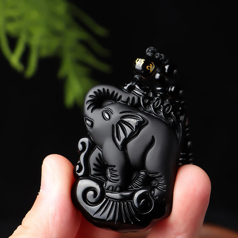 Black Obsidian Elephant Necklace for Protection & Strength