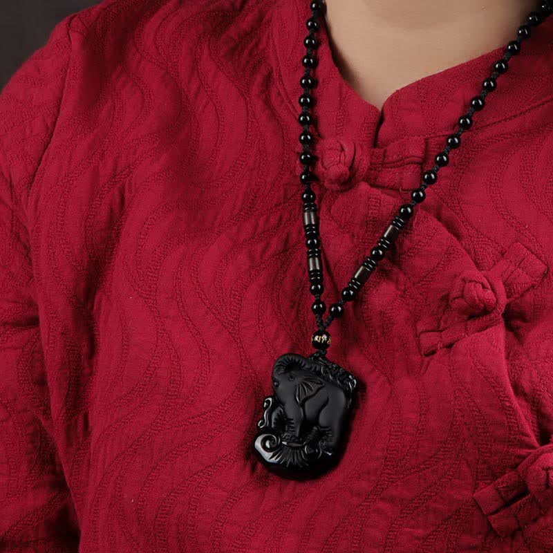 Black Obsidian Elephant Necklace for Protection & Strength