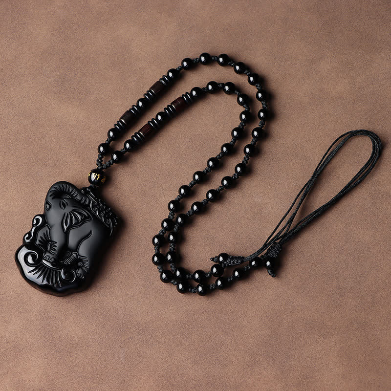 Black Obsidian Elephant Necklace for Protection & Strength