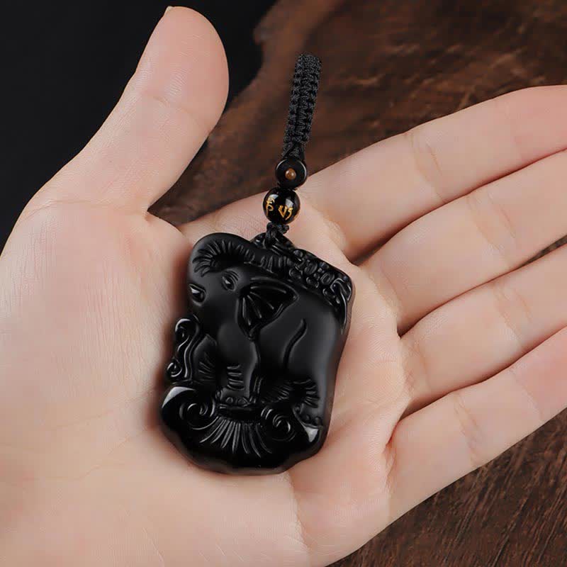 Black Obsidian Elephant Necklace for Protection & Strength