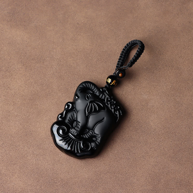 Black Obsidian Elephant Necklace for Protection & Strength