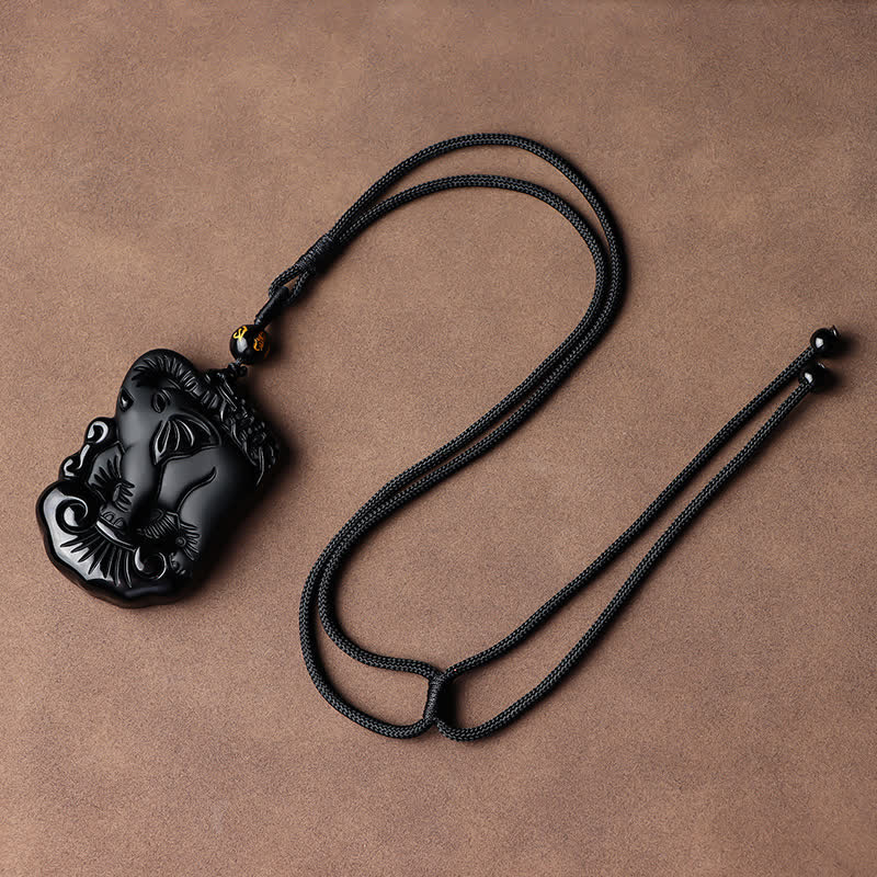 Black Obsidian Elephant Necklace for Protection & Strength