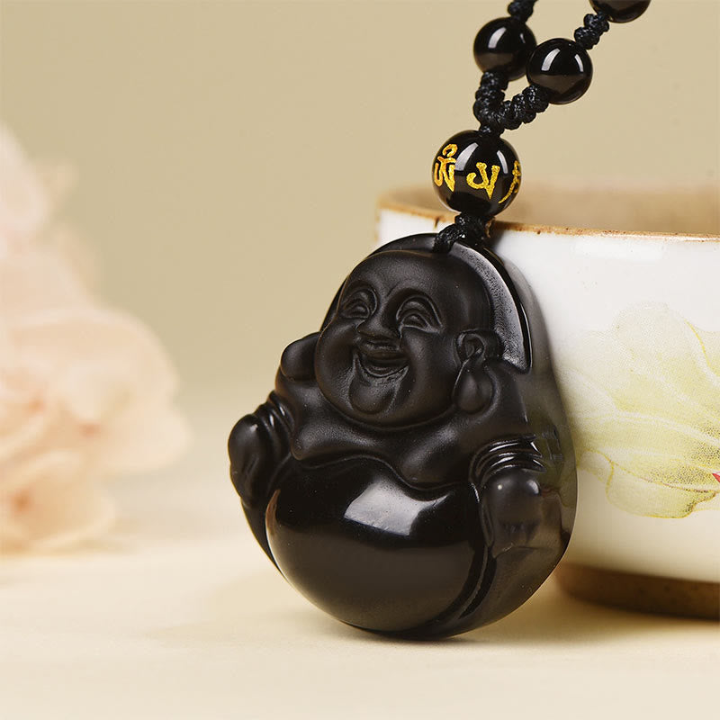 Black Obsidian Ice Obsidian Laughing Buddha Necklace | Purification