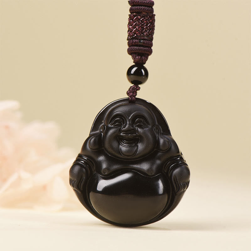 Black Obsidian Ice Obsidian Laughing Buddha Necklace | Purification