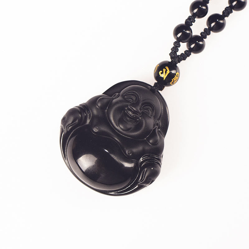 Black Obsidian Ice Obsidian Laughing Buddha Necklace | Purification
