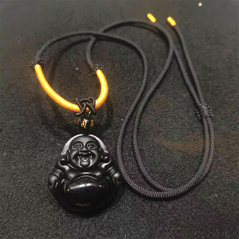 Black Obsidian Ice Obsidian Laughing Buddha Necklace | Purification