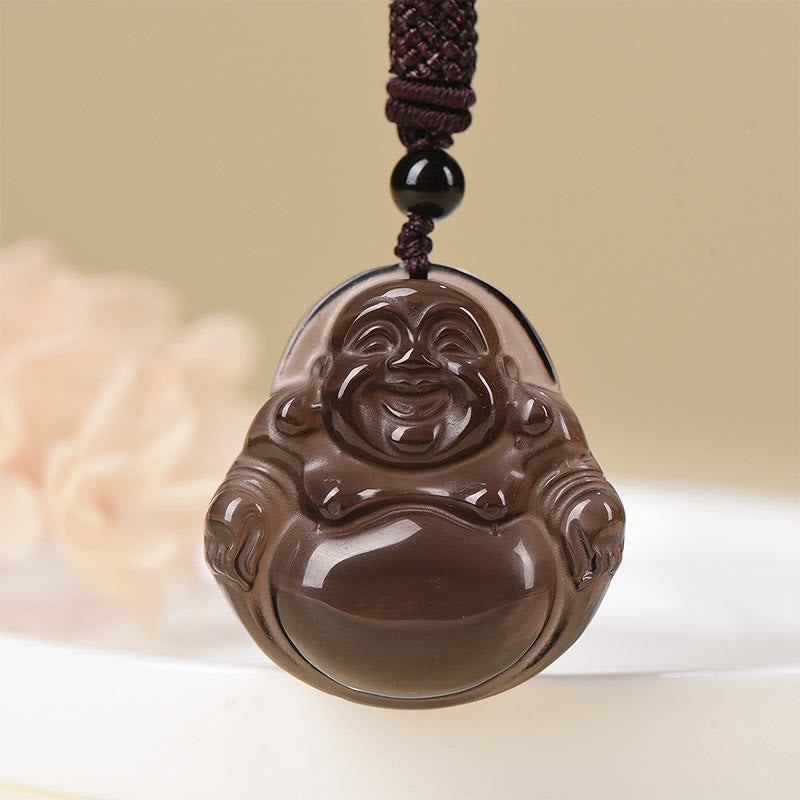 Black Obsidian Ice Obsidian Laughing Buddha Necklace | Purification