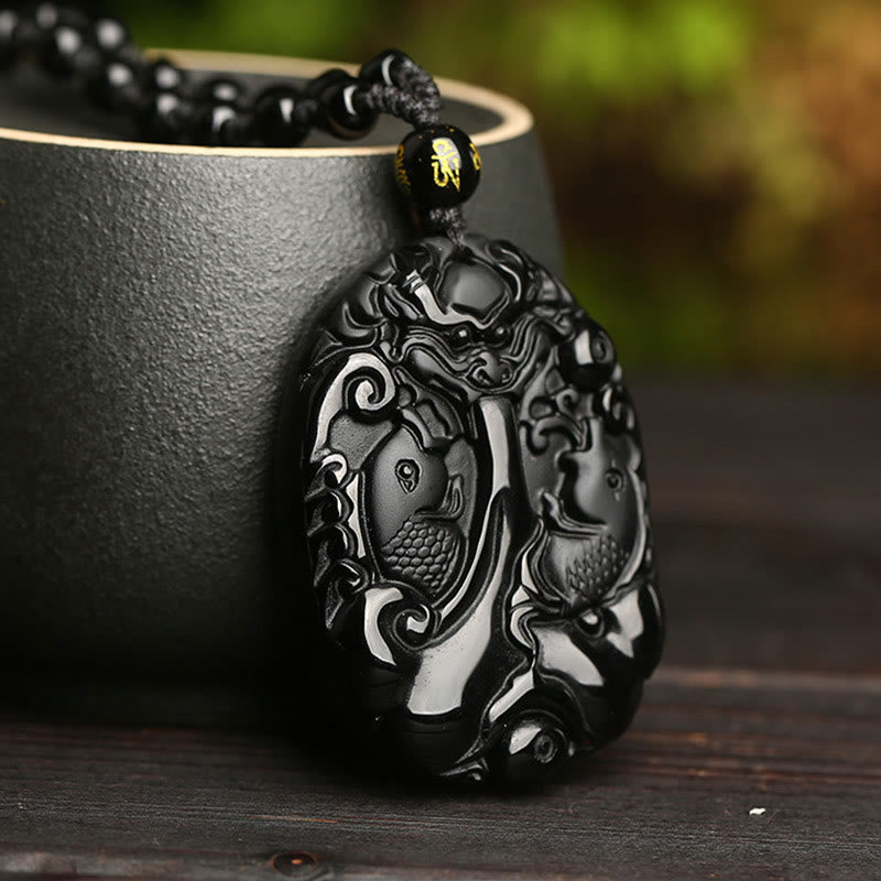 Black Obsidian Koi Fish Pendant Necklace for Strength & Fulfilment