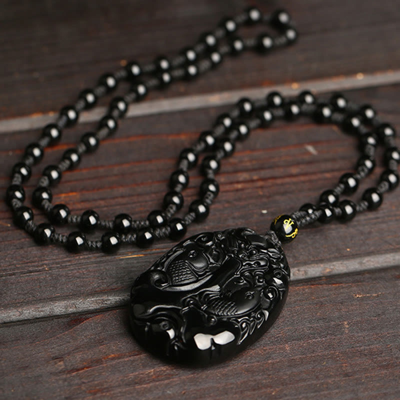Black Obsidian Koi Fish Pendant Necklace for Strength & Fulfilment