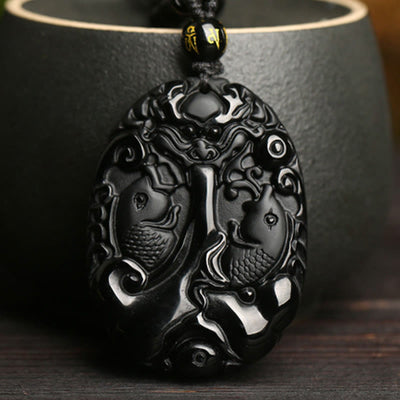 Black Obsidian Koi Fish Pendant Necklace for Strength & Fulfilment