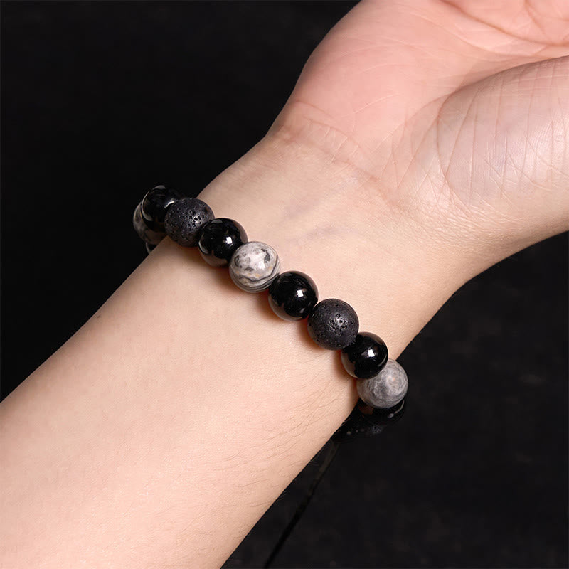 Black Obsidian Lava Rock Yin Yang Bracelet for Strength