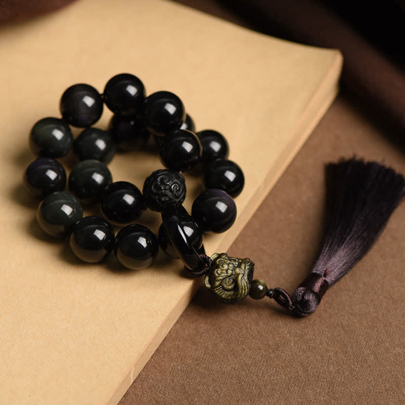 Black Obsidian Lion Wrist Mala for Protection & Courage