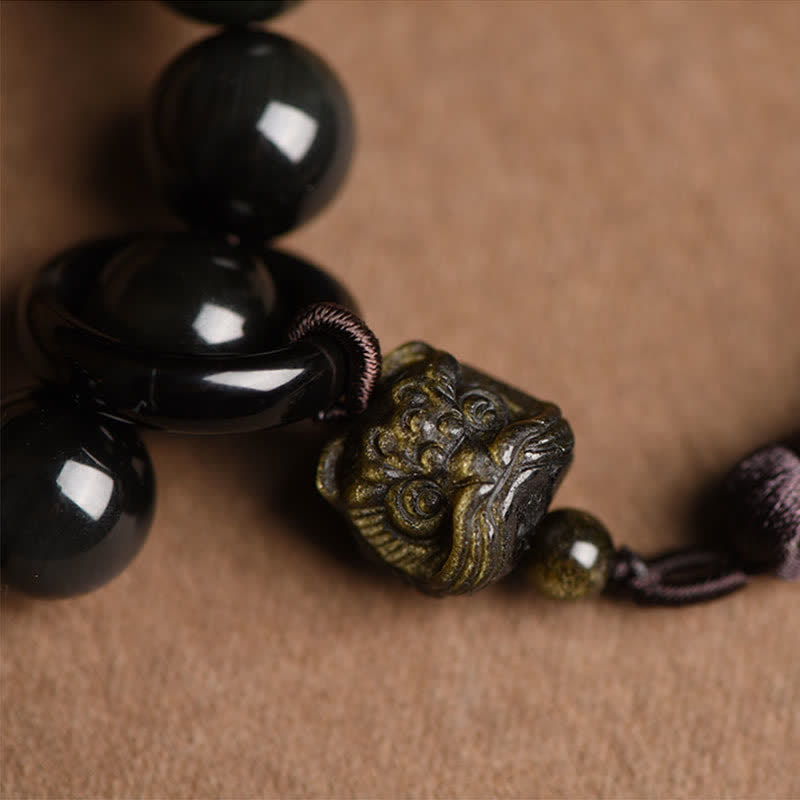 Black Obsidian Lion Wrist Mala for Protection & Courage