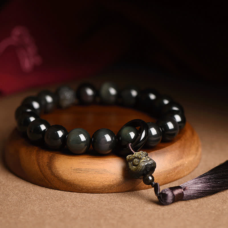 Black Obsidian Lion Wrist Mala for Protection & Courage