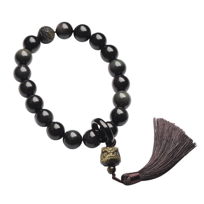 Black Obsidian Lion Wrist Mala for Protection & Courage
