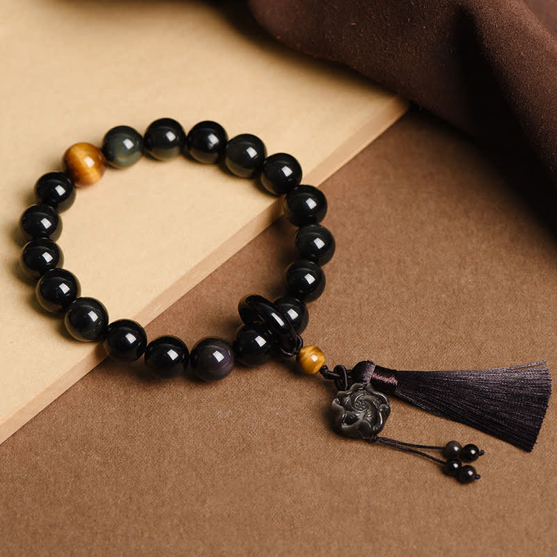 Black Obsidian Lion Wrist Mala for Protection & Courage