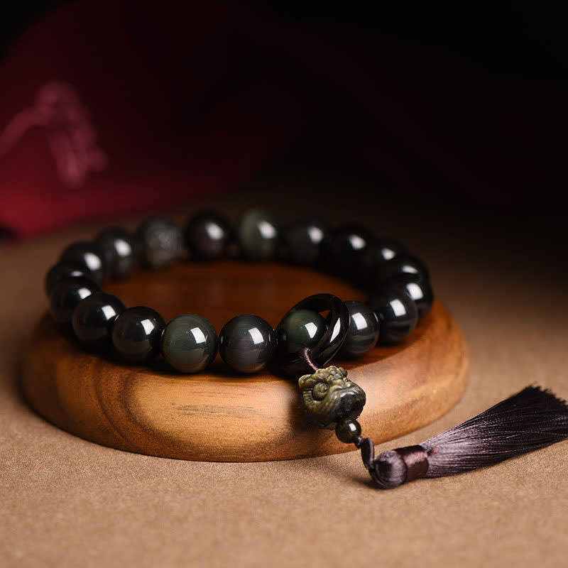 Black Obsidian Lion Wrist Mala for Protection & Courage