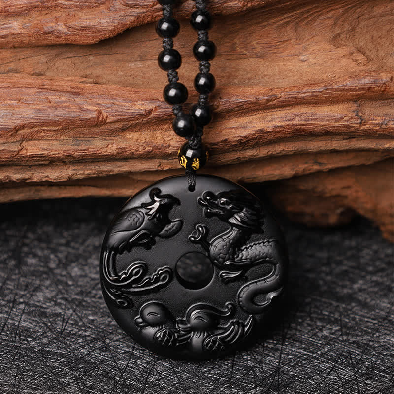 Black Obsidian Luck & Protection Necklace with Dragon Pendant
