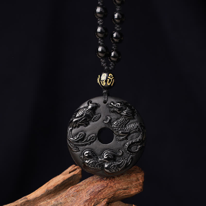 Black Obsidian Luck & Protection Necklace with Dragon Pendant