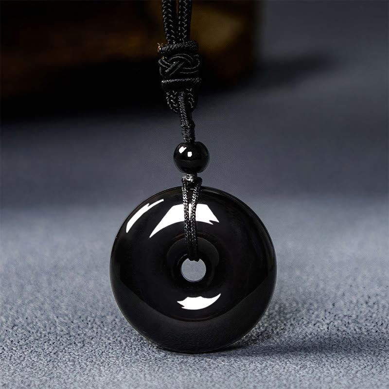 Black Obsidian Peace Buckle Pendant Necklace 50cm Rope
