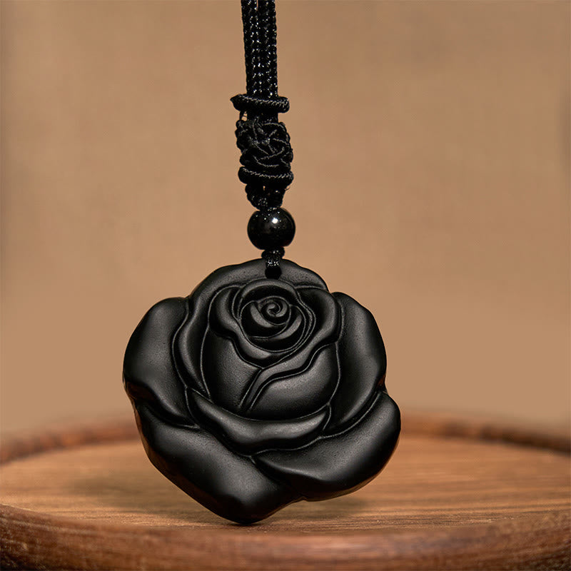 Black Obsidian Rose Pendant Necklace for Purification